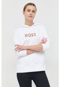 BOSS bluza bawełniana damska kolor biały z kapturem z nadrukiem. Okazja: na co dzień. Typ kołnierza: kaptur. Kolor: biały. Materiał: bawełna. Długość rękawa: długi rękaw. Długość: długie. Wzór: nadruk. Styl: casual #3