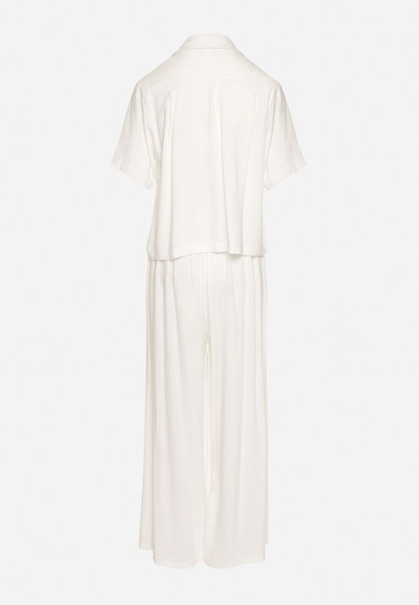 Born2be - Biały Komplet Koszula z Krótkim Rękawem i Kołnierzem Długie Spodnie Broretta. Kolor: biały. Materiał: bawełna. Wzór: aplikacja