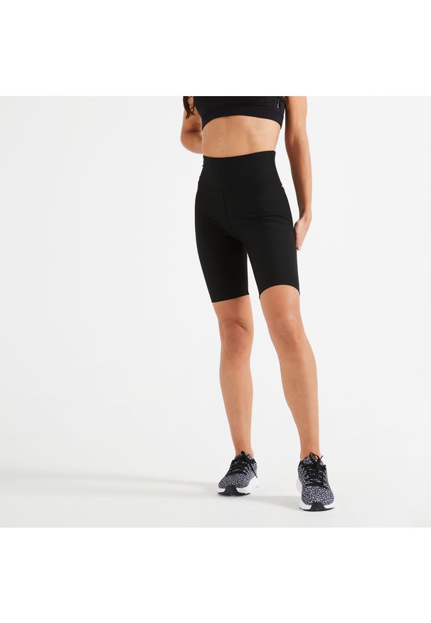 DOMYOS - Legginsy fitness damskie Domyos krótkie. Kolor: czarny. Materiał: elastan, materiał. Długość: krótkie. Sport: fitness