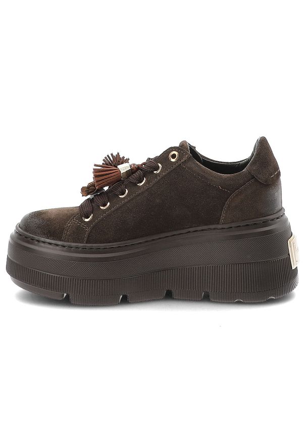 CheBello - Sneakersy damskie Chebello, ze skóry naturalnej z cholewką o zamszowym wykończeniu i ozdobnymi frędzlami przy sznurowaniu, brązowe, 5002_-268-000-PSK. Okazja: na co dzień. Kolor: brązowy. Materiał: skóra, zamsz. Szerokość cholewki: normalna. Wzór: kwiaty. Obcas: na platformie. Styl: casual, elegancki
