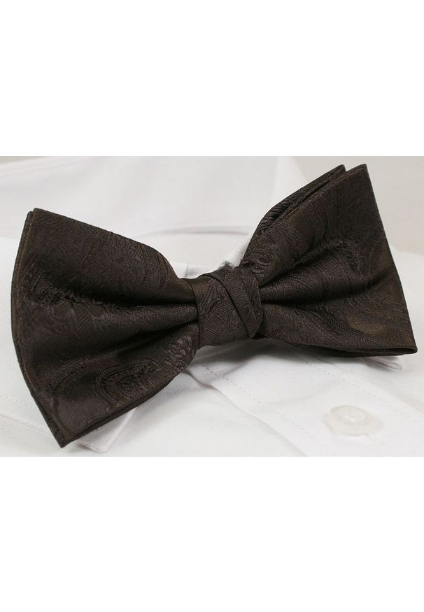 Chattier - Ciemnobrązowa Elegancka Mucha z Białą Poszetką -CHATTIER- Męska, Wzór Orientalny, Jednokolorowa. Kolor: beżowy, brązowy, wielokolorowy. Styl: elegancki