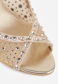 Born2be - Złote Sandały na Szpilce VICES z Transparentną Cholewką i Cyrkoniami Imelle. Nosek buta: otwarty. Kolor: złoty. Materiał: skóra, materiał. Wzór: aplikacja. Sezon: lato. Obcas: na szpilce. Styl: klasyczny. Wysokość obcasa: średni #3