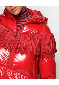 Pinko - PINKO - Czerwona kurtka z frędzlami Donato. Kolor: czerwony. Materiał: nylon, tkanina. Długość: długie. Wzór: aplikacja. Sezon: zima, jesień #4