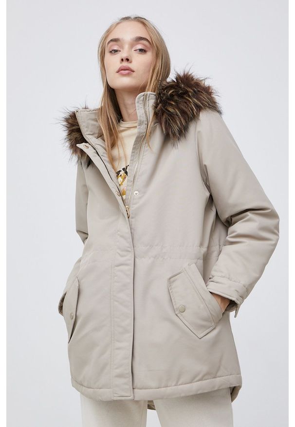 only - Only - Parka. Kolor: szary. Materiał: futro, materiał. Wzór: gładki