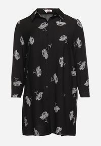 Born2be - Czarna Koszulowa Sukienka z Guzikami i Regulowanymi Rękawami Xatella. Kolekcja: plus size. Kolor: czarny. Wzór: kwiaty. Typ sukienki: koszulowe #4