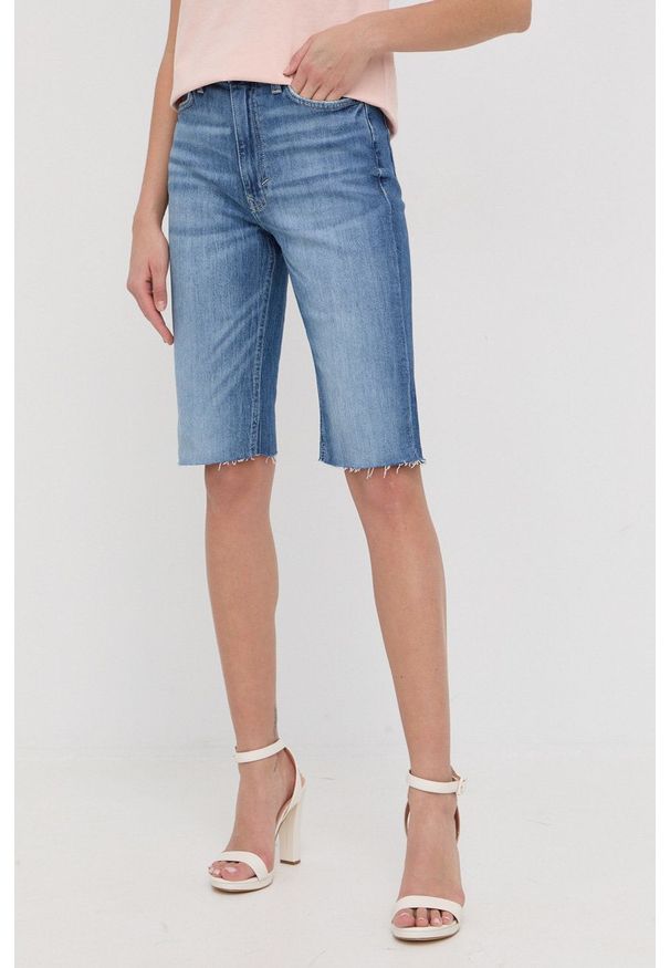 Guess szorty jeansowe damskie gładkie high waist. Okazja: na co dzień. Stan: podwyższony. Kolor: niebieski. Materiał: jeans. Wzór: gładki. Styl: casual