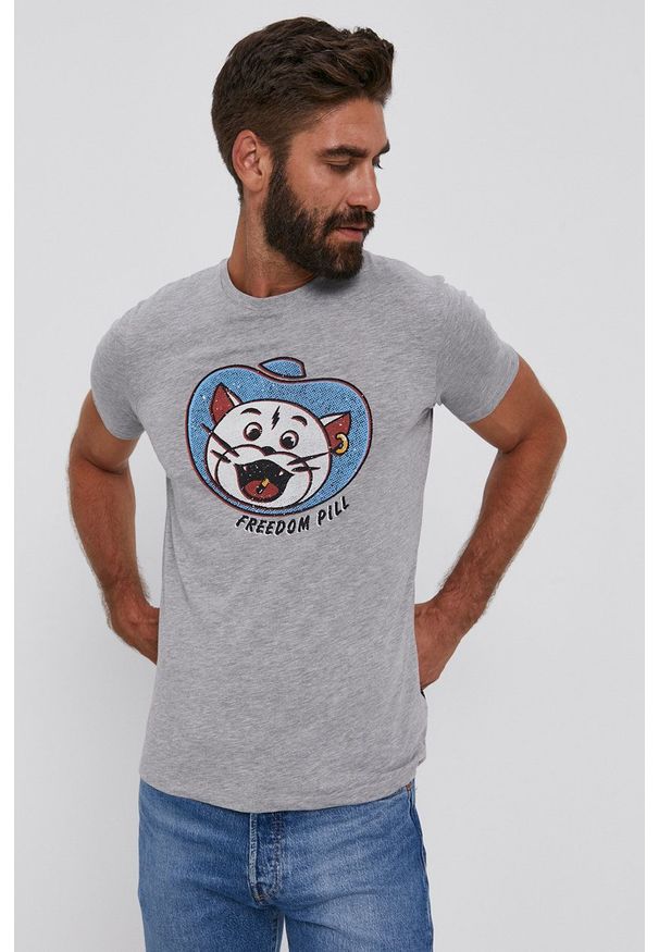 Sisley - T-shirt. Okazja: na co dzień. Kolor: szary. Materiał: dzianina. Wzór: nadruk. Styl: casual