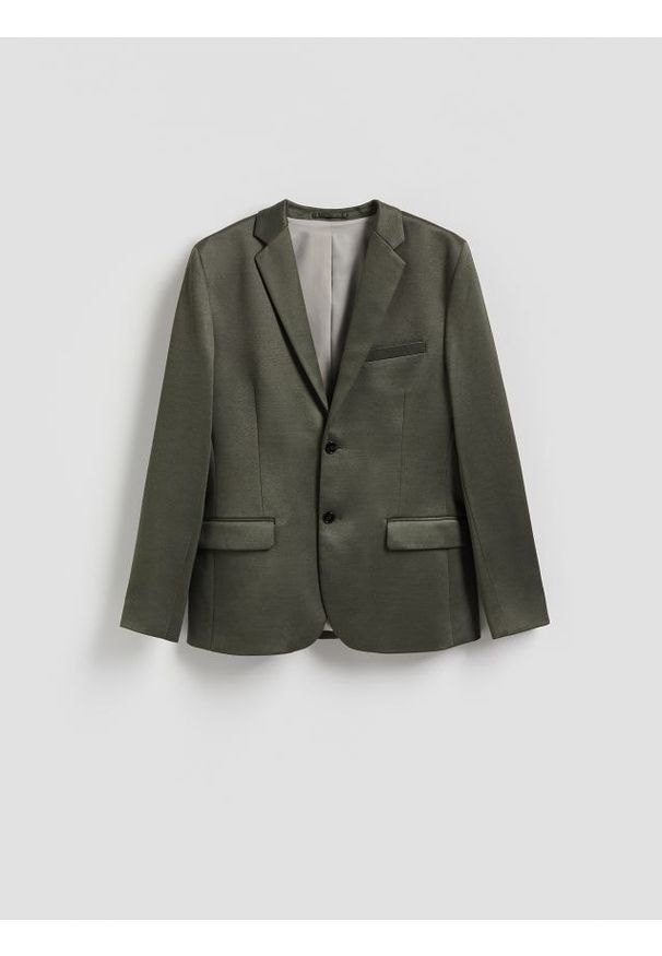 Reserved - Marynarka slim fit - oliwkowy. Kolor: oliwkowy. Materiał: wiskoza, dzianina