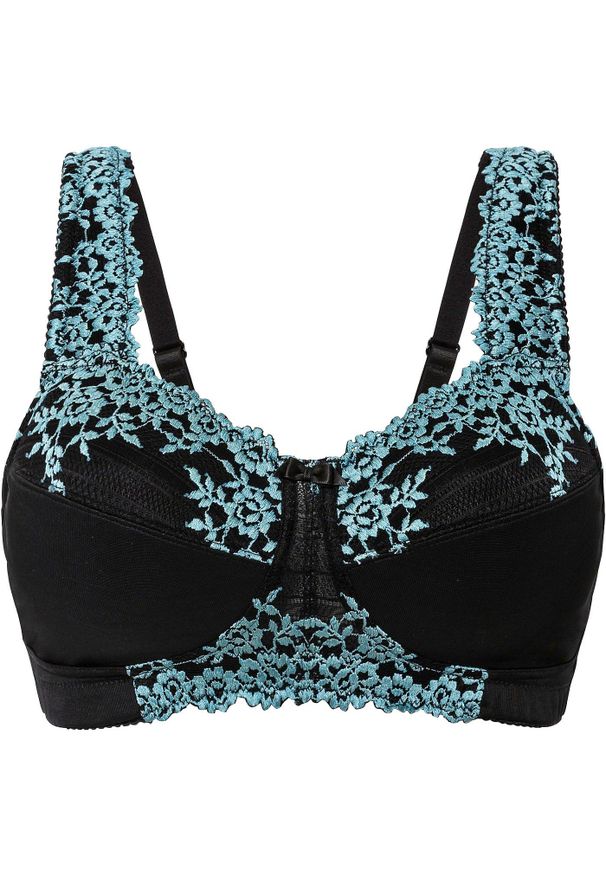 bonprix - Biustonosz odciążający bez fiszbinów z wyściełanymi ramiączkami. Kolor: czarny. Materiał: koronka. Wzór: koronka
