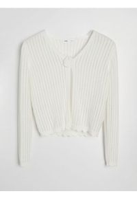 Sinsay - Bawełniany ażurowy sweter z kwiatkiem 3D - kremowy. Kolor: kremowy. Materiał: bawełna. Wzór: ażurowy, kwiaty #1