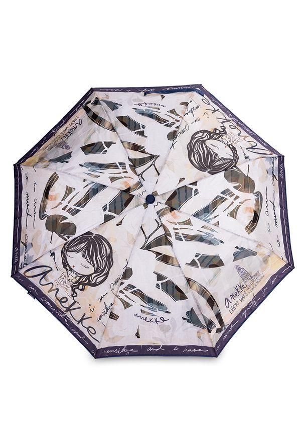 Granatowy Składany Damski Parasol Anekke. Kolor: niebieski. Materiał: materiał