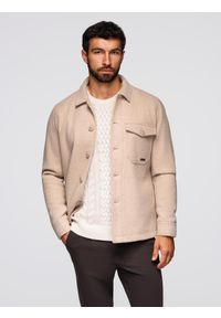 Ombre Clothing - Męska kurtka koszulowa - beżowa V1 - Rozmiar: M. Okazja: na co dzień. Kolor: beżowy. Materiał: wiskoza, tkanina, poliester. Styl: casual, klasyczny