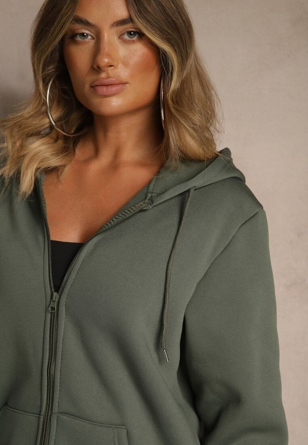 Renee - Zielona Bluza Rozpinana z Kapturem z Bawełną Ozdobiona Sznurkami Odiola. Okazja: na co dzień. Typ kołnierza: kaptur. Kolor: zielony. Materiał: bawełna. Wzór: aplikacja. Styl: sportowy, casual