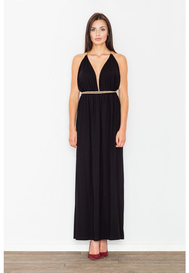 Figl - Czarna Elegancka Maxi Sukienka z Ozdobnym Złotym Sznurkiem. Kolor: złoty, wielokolorowy, czarny. Materiał: elastan, wiskoza. Styl: elegancki. Długość: maxi