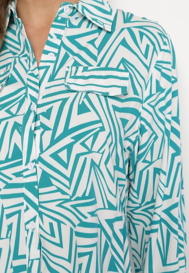Born2be - Zielono-Biała Koszula z Wiskozy w Fantazyjny Print Valyna. Okazja: na co dzień. Typ kołnierza: kołnierzyk klasyczny, dekolt w kształcie V. Kolor: zielony. Materiał: wiskoza. Długość rękawa: długi rękaw. Długość: długie. Wzór: nadruk. Styl: klasyczny, casual