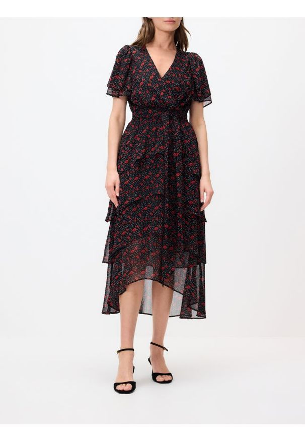 Reserved - Wzorzysta sukienka midi - czarny. Kolor: czarny. Materiał: tkanina. Długość: midi