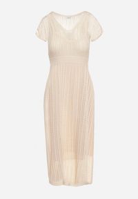 Born2be - Jasnobeżowa Ażurowa Sukienka z Krótkim Rękawem i Halką Zeliana. Kolor: beżowy. Materiał: jeans. Długość rękawa: krótki rękaw. Wzór: ażurowy. Styl: wizytowy, elegancki #5