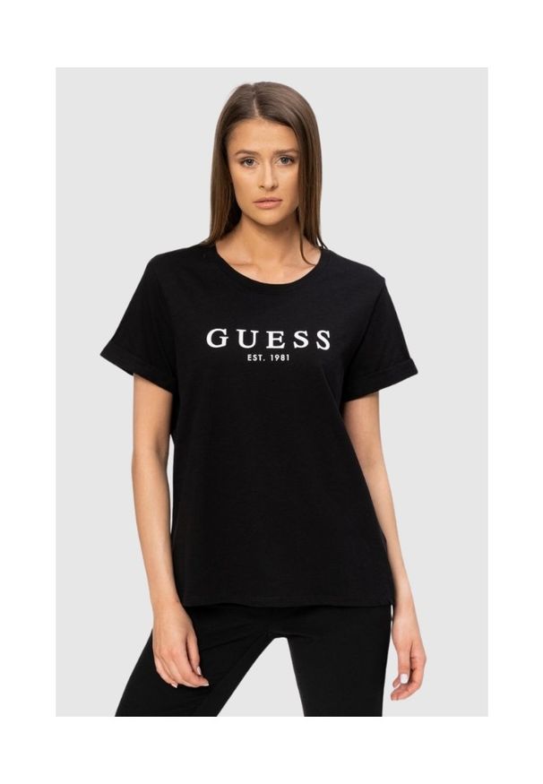 Guess - GUESS Czarny t-shirt damski z białym logo. Kolor: czarny. Materiał: bawełna. Długość rękawa: krótki rękaw. Wzór: nadruk