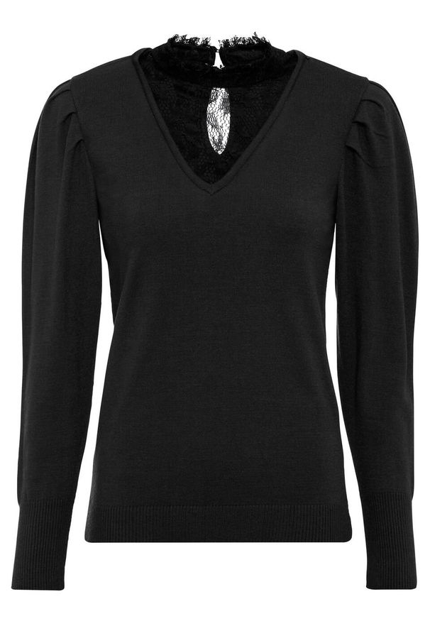 Sweter z koronkową wstawką bonprix czarny. Kolor: czarny. Materiał: koronka. Wzór: koronka