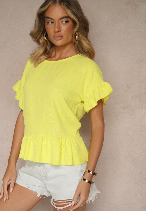 Renee - Żółta Bluzka Oversize Ozdobiona Falbanami Liriele. Okazja: na co dzień. Kolor: żółty. Materiał: jeans. Wzór: aplikacja. Styl: casual