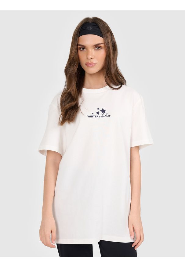 4f - 4F T-shirt oversize z nadrukiem damski - beżowy XS. Okazja: na co dzień. Kolor: beżowy. Materiał: dzianina. Wzór: nadruk. Styl: casual