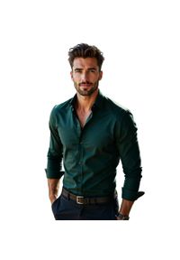 Modini - Ciemnozielona gładka koszula A69. Kolor: zielony. Materiał: poliester, bawełna, tkanina. Długość: długie. Wzór: gładki. Styl: klasyczny #1