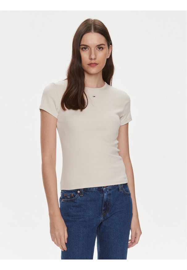 Tommy Jeans T-Shirt Essential DW0DW17383 Beżowy Slim Fit. Kolor: beżowy. Materiał: bawełna