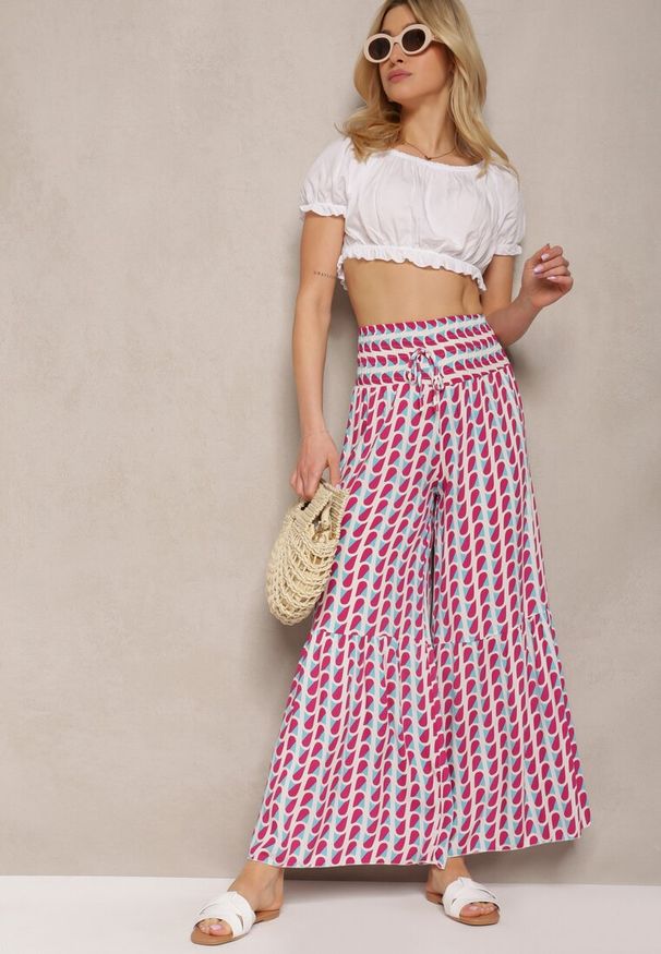 Renee - Fuksjowo-Białe Spodnie z Wiskozy High Waist Typu Palazzo z Gumką w Talii Tiimacella. Okazja: na randkę, na co dzień. Stan: podwyższony. Kolor: różowy. Materiał: wiskoza. Styl: casual, elegancki