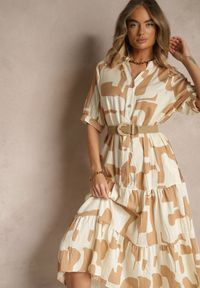 Renee - Beżowa Sukienka z Wiskozy Ozdobiona Geometrycznym Motywem Filorea. Okazja: na co dzień, do pracy, na randkę. Kolor: beżowy. Materiał: wiskoza. Wzór: aplikacja, geometria. Styl: klasyczny, casual #5