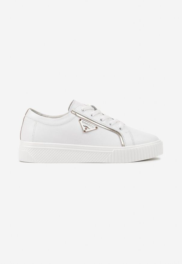 Born2be - Białe Płaskie Skórzane Sneakersy z Aplikacją Trójkąta Labriene. Nosek buta: okrągły. Zapięcie: sznurówki. Kolor: biały. Materiał: skóra. Wzór: aplikacja
