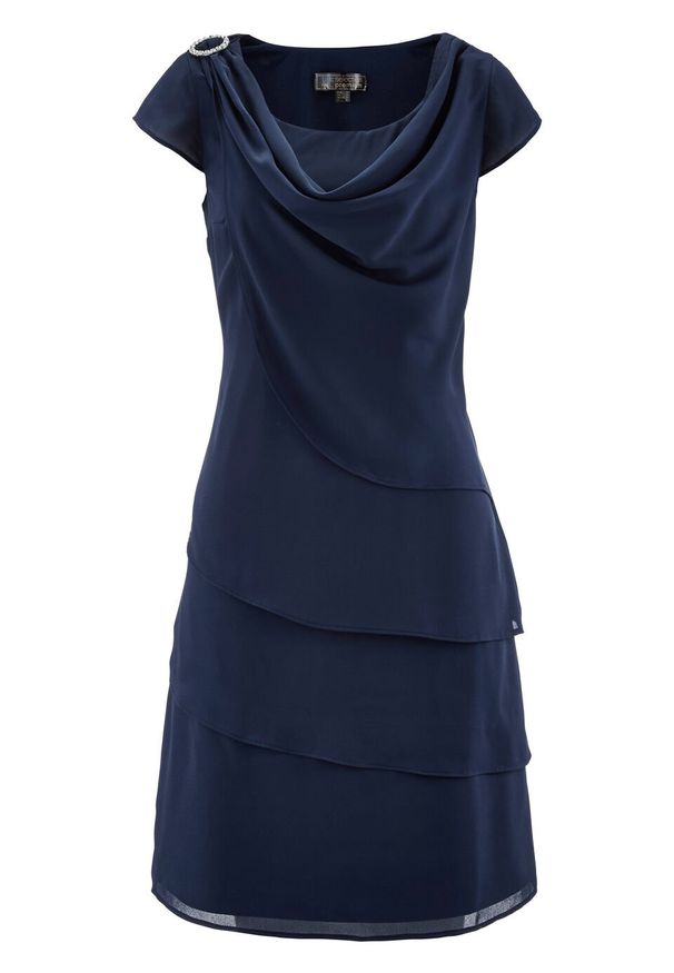 Sukienka szyfonowa w optyce warstwowej bonprix ciemnoniebieski. Typ kołnierza: dekolt woda. Kolor: niebieski. Materiał: szyfon. Styl: elegancki