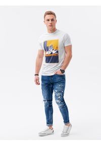 Ombre Clothing - T-shirt męski z nadrukiem S1434 V-7A - biały - XXL. Kolor: biały. Materiał: bawełna. Wzór: nadruk. Styl: klasyczny