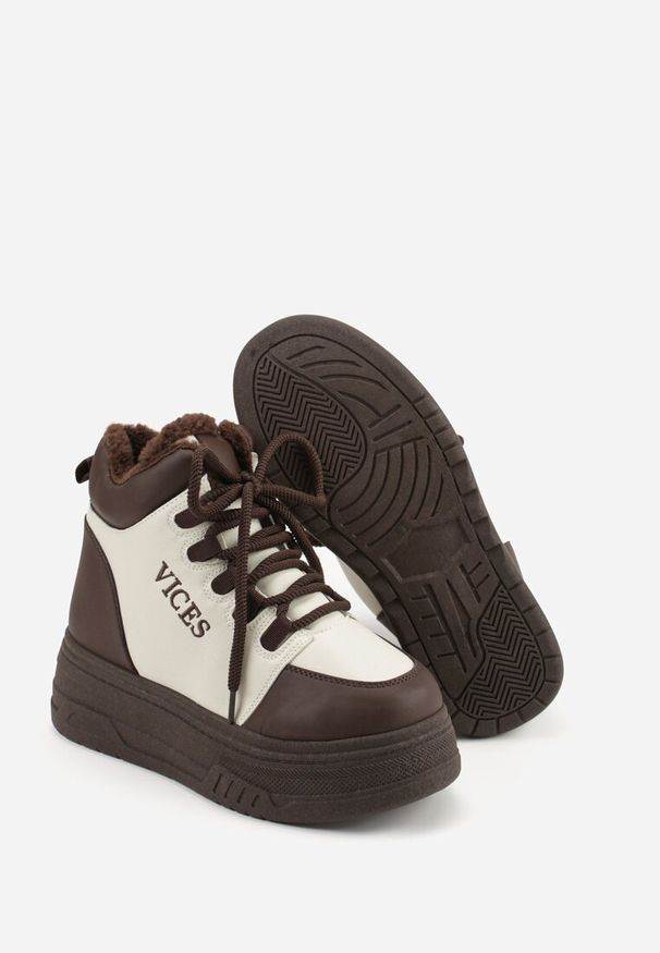 Renee - Beżowo-Brązowe Sneakersy na Grubej Podeszwie Mocno Ocieplane Futrem Leavinael. Okazja: na co dzień. Kolor: beżowy. Materiał: futro. Wzór: napisy. Obcas: na obcasie. Wysokość obcasa: średni