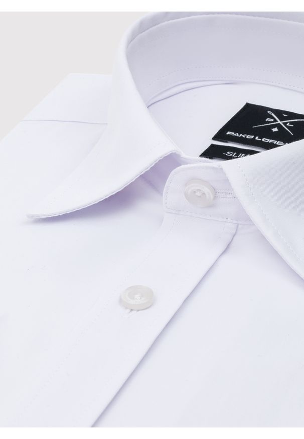 Pako Lorente - PAKO LORENTE – Biała gładka elegancka koszula męska. Typ kołnierza: kołnierzyk klasyczny. Kolor: biały. Materiał: poliester, bawełna. Długość rękawa: długi rękaw. Długość: długie. Wzór: gładki. Styl: elegancki