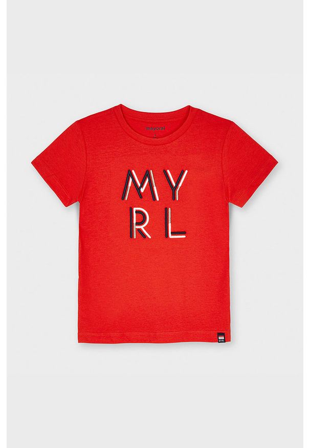 Mayoral - T-shirt dziecięcy. Okazja: na co dzień. Kolor: czerwony. Materiał: bawełna, dzianina. Wzór: aplikacja. Styl: casual