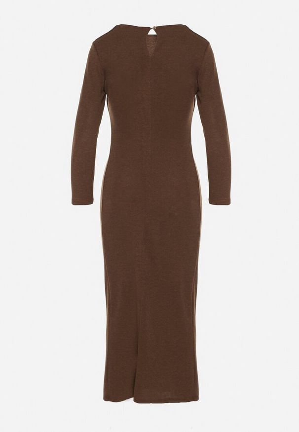 Born2be - Brązowa Dopasowana Sukienka z Wiskozą i Metaliczną Ozdobą Tivallea. Kolor: brązowy. Materiał: wiskoza. Wzór: aplikacja. Styl: klasyczny