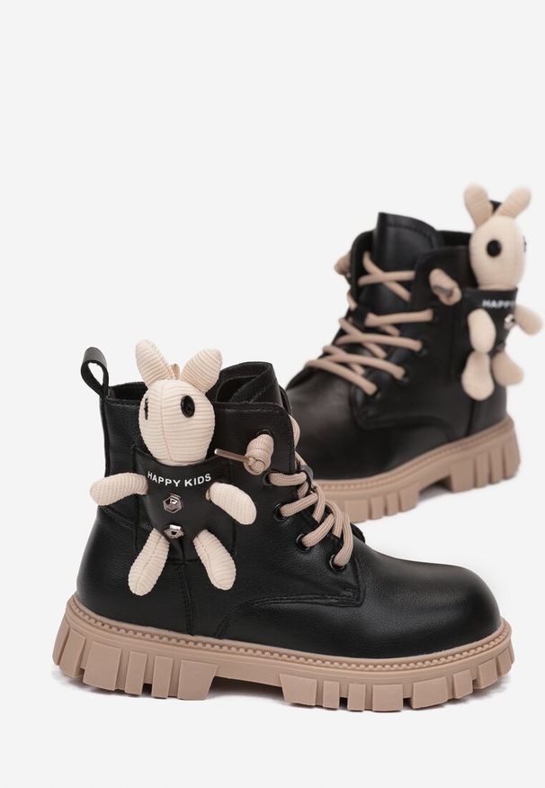 Born2be - Czarno-Różowe Płaskie Sznurowane Botki z Aplikacją Króliczka 3D Efsica. Wysokość cholewki: za kostkę. Kolor: czarny. Szerokość cholewki: normalna. Wzór: aplikacja