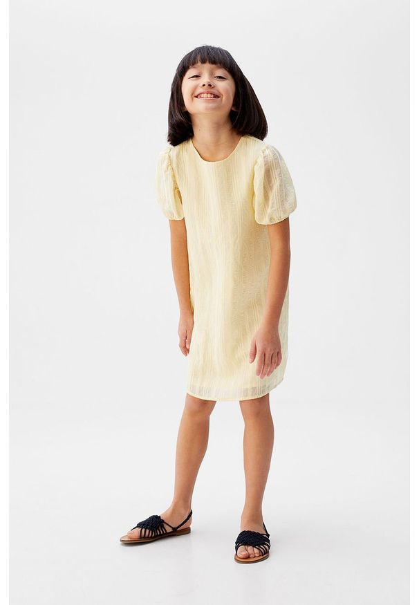 Mango Kids - Sukienka dziecięca Belen 110-164 cm. Okazja: na co dzień. Kolor: żółty. Materiał: bawełna, materiał, wiskoza, poliamid, tkanina. Długość rękawa: krótki rękaw. Typ sukienki: proste. Styl: casual. Długość: mini