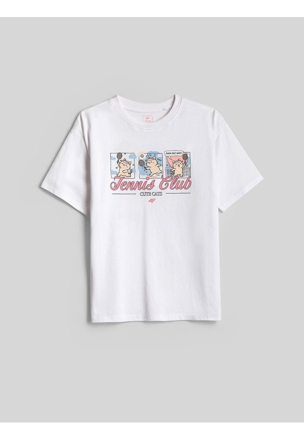 4f - 4F T-shirt loose z nadrukiem dziewczęcy - biały 158/164 (12-14 lat). Okazja: na spacer, na uczelnię, na co dzień. Kolor: biały. Materiał: materiał, dresówka, bawełna. Długość rękawa: krótki rękaw. Długość: krótkie. Wzór: nadruk. Sezon: lato. Styl: casual, klasyczny