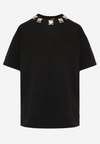 Renee - Czarny Oversizowy T-shirt z Bawełny Zdobiony Kwadratowymi Aplikacjami Evesilea. Okazja: na co dzień. Kolor: czarny. Materiał: bawełna. Wzór: aplikacja. Styl: casual #7
