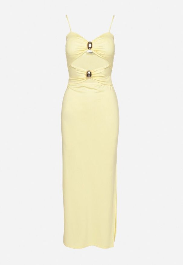 Born2be - Żółta Sukienka Dopasowana na Ramiączkach z Wycięciami pod Biustem i Metalowymi Detalami Galentia. Okazja: na co dzień. Kolor: żółty. Długość rękawa: na ramiączkach. Styl: casual, klasyczny