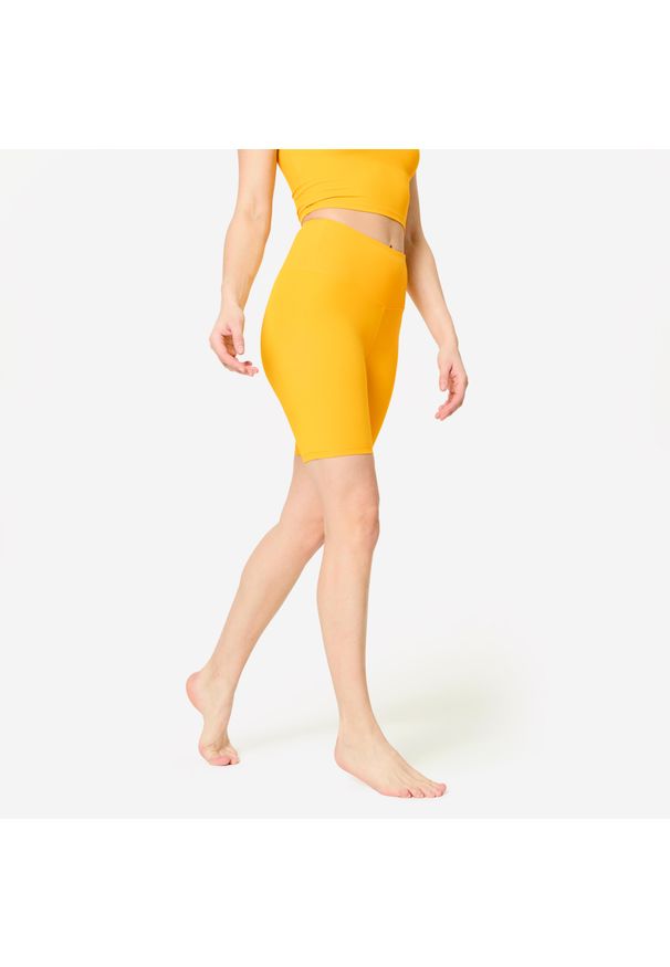 DOMYOS - Legginsy fitness damskie Domyos krótkie. Stan: podwyższony. Kolor: pomarańczowy, wielokolorowy, żółty. Materiał: poliamid, materiał, elastan. Długość: krótkie. Sport: fitness