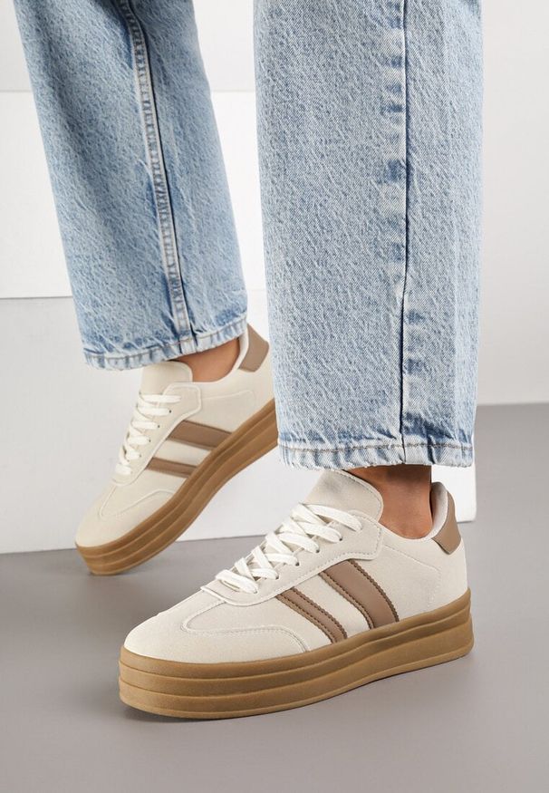 Born2be - Beżowe Sneakersy Typu Kultowe Tenisówki na Grubej Podeszwie Nalorela. Okazja: na co dzień. Kolor: beżowy. Materiał: jeans. Szerokość cholewki: normalna. Sport: fitness