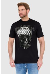 Philipp Plein - PHILIPP PLEIN Czarny t-shirt zdobiony dżetami z czaszką i logo. Kolor: czarny. Wzór: aplikacja #1