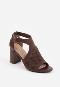 Renee - Brązowe Sandały Soft Fit VICES na Obcasie w Stylu Botków z Elastyczną Ażurową Cholewką Comfort Omphopis. Zapięcie: rzepy. Kolor: brązowy. Materiał: materiał, jeans. Wzór: ażurowy. Obcas: na obcasie. Wysokość obcasa: średni #8