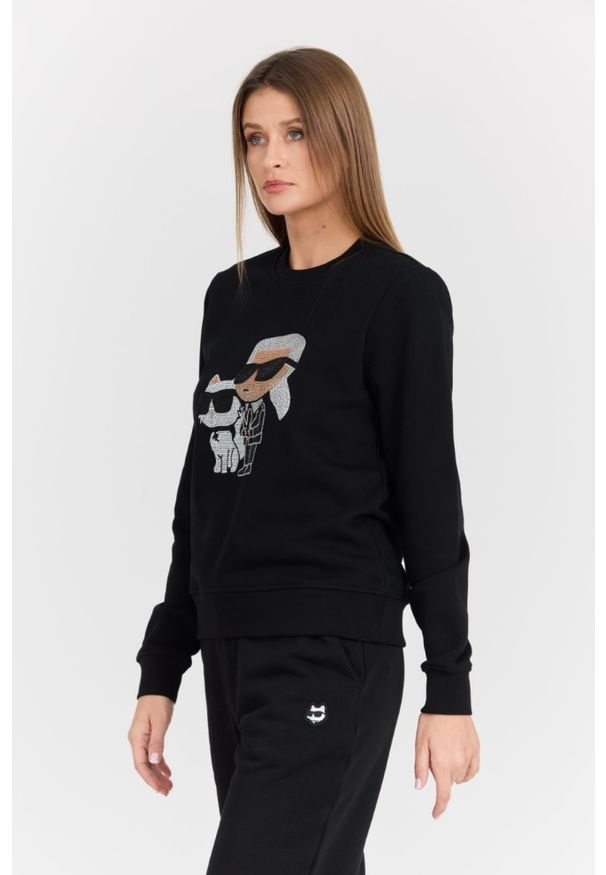 Karl Lagerfeld - KARL LAGERFELD Czarna damska bluza z cyrkoniami Ikonik 2.0, Rozmiar XS. Kolor: czarny. Materiał: materiał. Wzór: aplikacja. Styl: elegancki