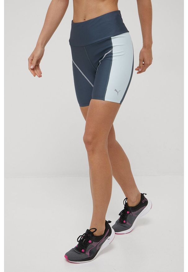 Puma szorty do biegania Maraton 6 521511 damskie kolor turkusowy wzorzyste high waist. Stan: podwyższony. Kolor: turkusowy. Materiał: skóra, materiał