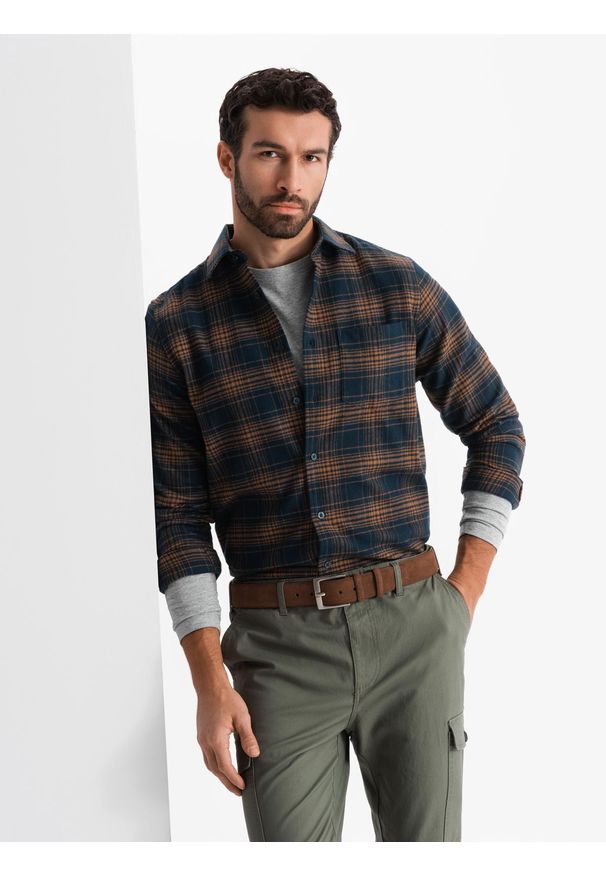 Ombre Clothing - Męska flanelowa koszula w kratę - granatowo-pomarańczowa V7. Kolor: pomarańczowy. Materiał: bawełna. Styl: klasyczny