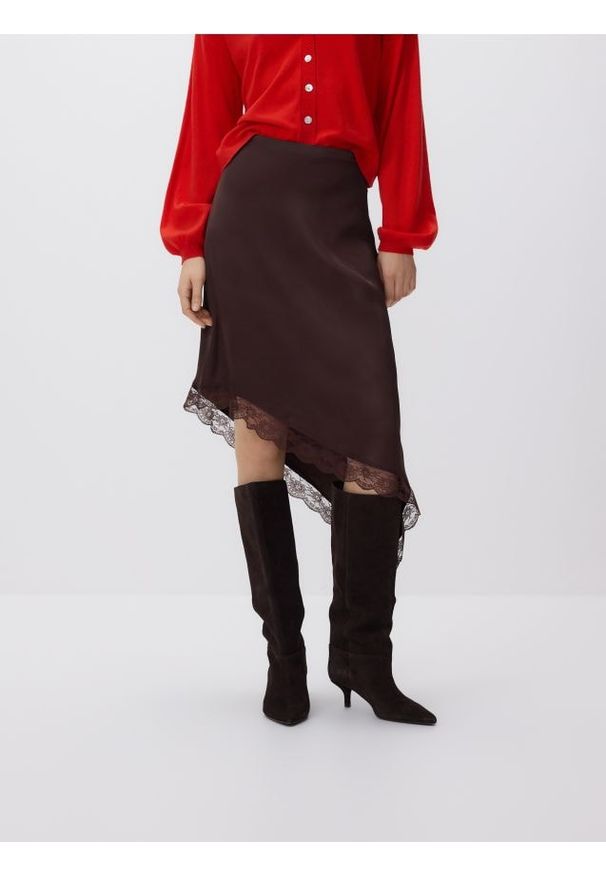 Reserved - Spódnica z asymetrycznym dołem - ciemnobrązowy. Kolor: brązowy. Materiał: tkanina, wiskoza