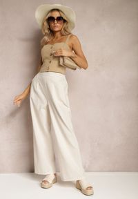 Renee - Beżowe Szerokie Spodnie z Lnem z Gumką w Talii Airelttis. Kolor: beżowy. Materiał: len. Sezon: lato. Styl: elegancki #5